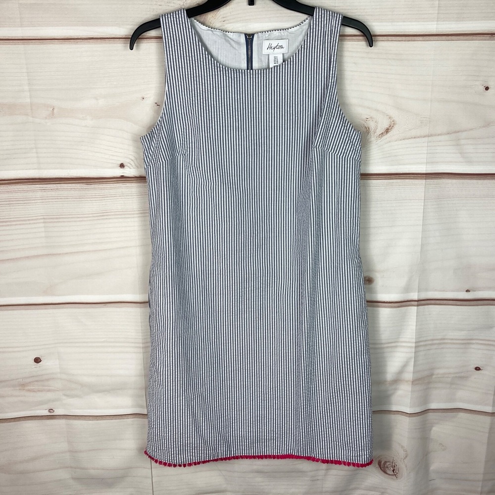 Heyton Dress Womens 6 Blue Stripe Seersucker Shift Pocket Stretch Sleeveless